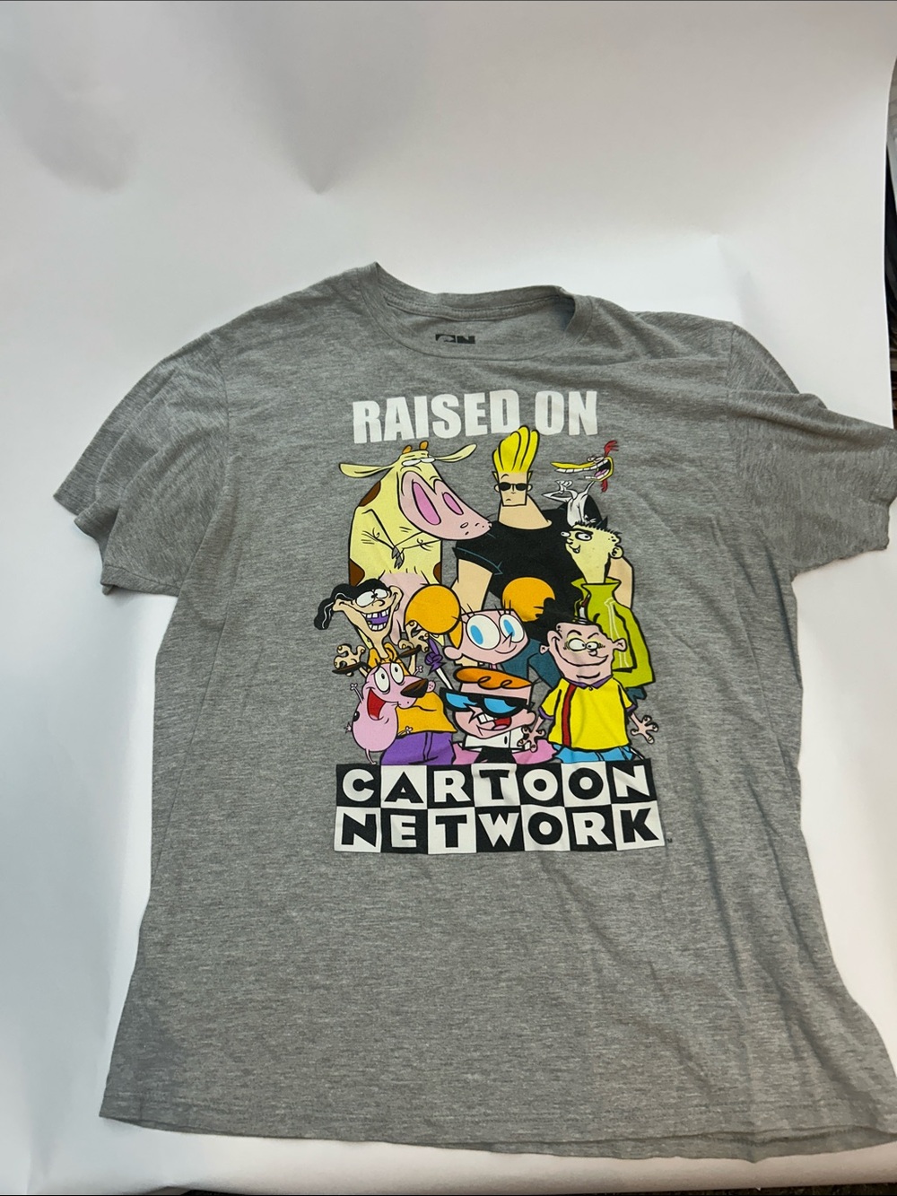 Raised On Cartoon Network Gray Tee with Bright Multicolor Character Collage